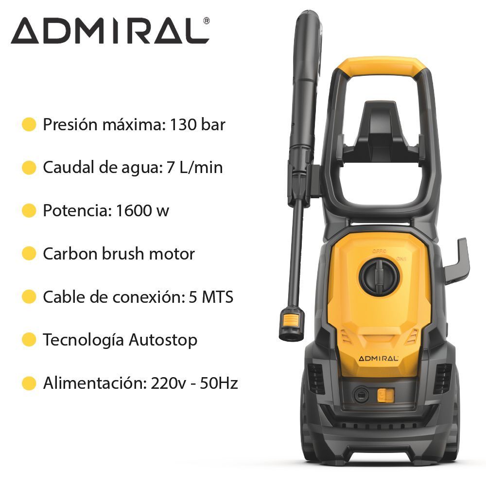 Hidrolavadora Admiral 1600w 130 Bar con Autostop + Accesorios Alta Presión